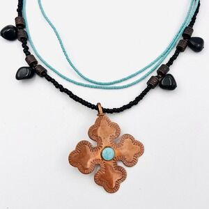Vintage Cobre Copper Cross Pendant Necklace Turquoise Onyx Multistand Mexico 20"